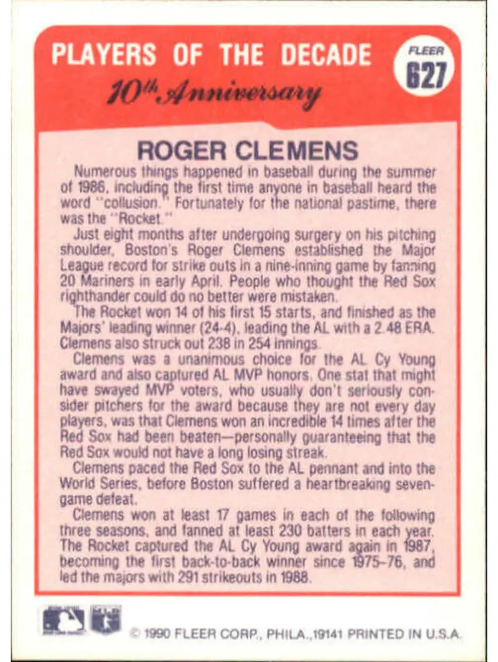 1990 Roger Clemens Fleer Baseball Card #627